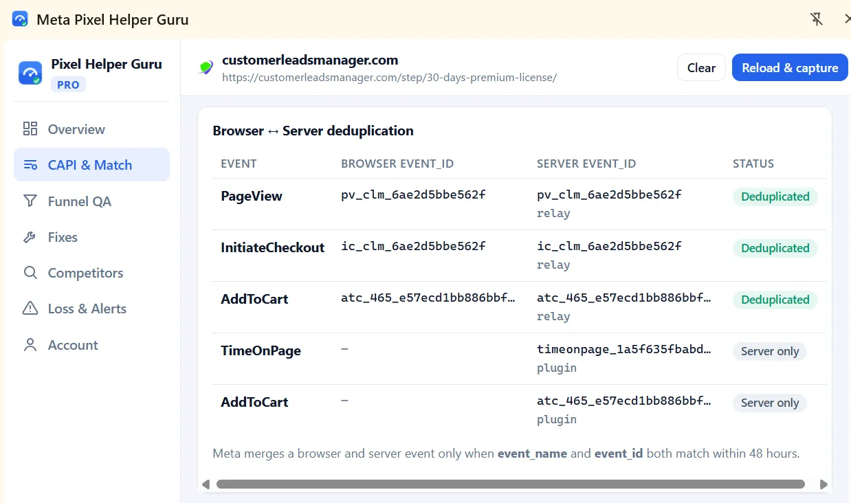 Deduplication table showing deduplicated events and server-only events from the WordPress plugin